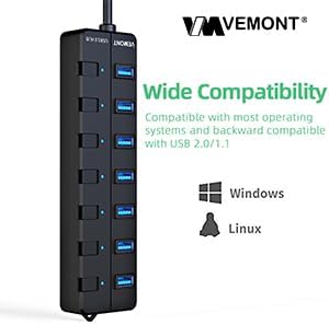 USB hub,7 Port USB 3.0 Hub,VEMONT USB Splitter with Individual On/Off Switches and Lights, 4ft/1.2m USB HUB Long Cable, USB Extension for Laptop and PC Computer