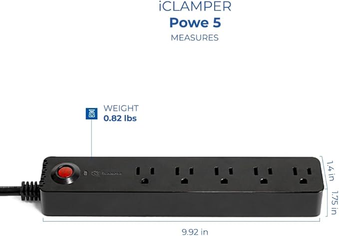 Clamper Power Strip 5-Outlet 5ft Extension Cord, Short Circuit Protection, Surge Protector 1800 Joules, 1875W, for TV, PC, Xbox, PS5 and Other Appliances, Home and Office, iCLAMPER Power 5 Black