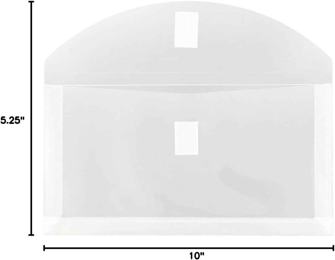 JAM PAPER Plastic Expansion Envelopes with Hook & Loop Closure - #10 Booklet Wallet - 5 1/4 x 10 with 1 Inch Expansion - Clear - 12/Pack