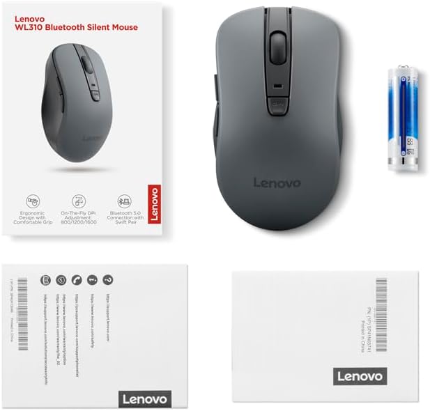 Lenovo WL310 Bluetooth Silent Mouse, Ergonomic, Adjustable DPI, Silent Clicks, Bluetooth 5.0, Portable for Windows, Mac, and Chromebook, Grey