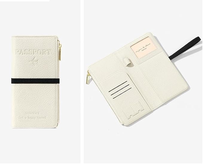 DOB SECHS Passport Holder for Travel Women RFID Blocking Leather Passport Wallet Travel Document Organizer Pouch Bag, Slim Passport Cover Case with Zipper Cash Pocket Purse+Card Slots+ID Window, White