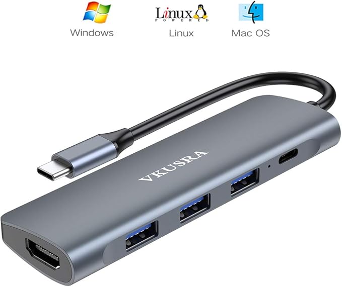 USB C Hub Multiport Adapter, VKUSRA 5 in 1 Dongle USB C to 4K HDMI, 3 USB 3.0 Port, 100W PD, USBC Adapter for MacBook, XPS, Laptop, PC, and More Type C Devices