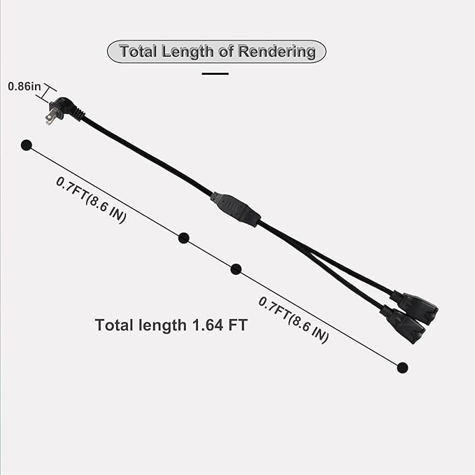 2 Prong Extension Cord Splitter, 2-Pack 90°Right Angle Flat Plug, Slim & Flexible Indoor Short Power Splitter (1.64ft, UL Certified, Black)