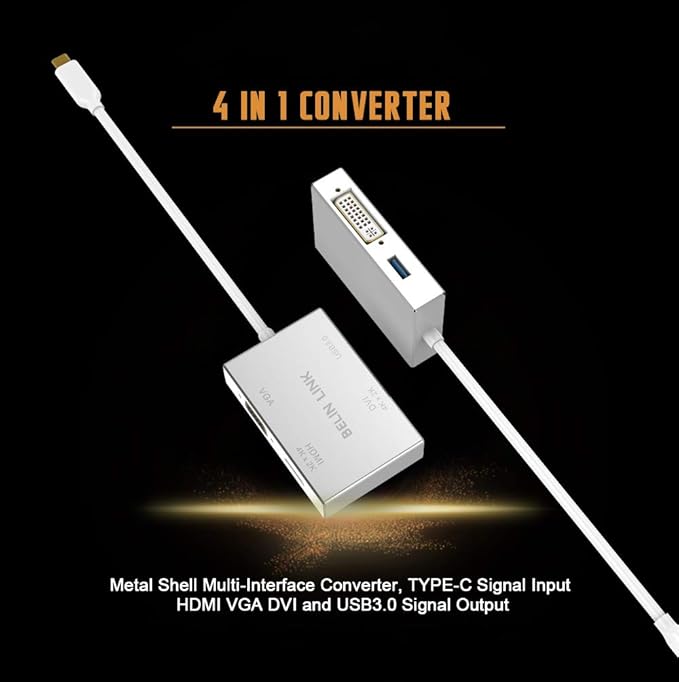 USB C to HDMI DVI VGA USB3.0 Adapter,USB 3.1 Type-C 4in1 Hub to HDMI DVI 4K VGA USB Adaptor Converter (Thunderbolt 3 Compatible), USB-C Adapter for MacBook/MacBook Pro air/Surface pro