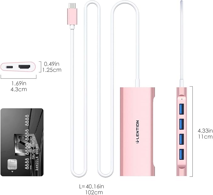 LENTION 3.3FT Long Cable USB C Multiport Hub with 4K HDMI, 4 USB 3.0, Type C Charging Compatible 2023-2016 MacBook Pro, New Mac Air/iMac/Mac Mini, More, Stable Driver Adapter (C35-1M, Rose Gold)