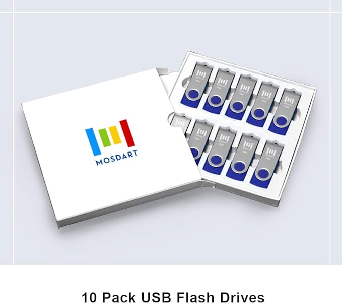 MOSDART USB2.0 16GB Flash Drive, Swivel Design with LED Indicator, Keychain Loop, FAT32 Memory Stick for Data Storage, Blue(Pack of 10)