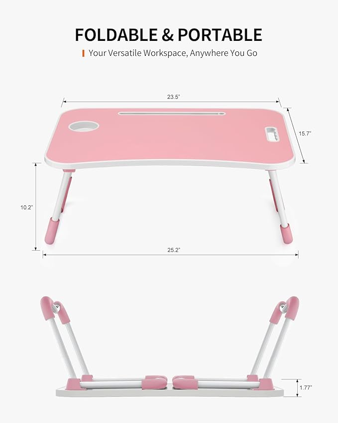 Foldable Laptop Table, Portable Lap Desk Bed Table Tray, Laptop Stand with Cup Holder & Tablet Slot & Lifting Handle for Working Writing Drawing & Eating (Pink)