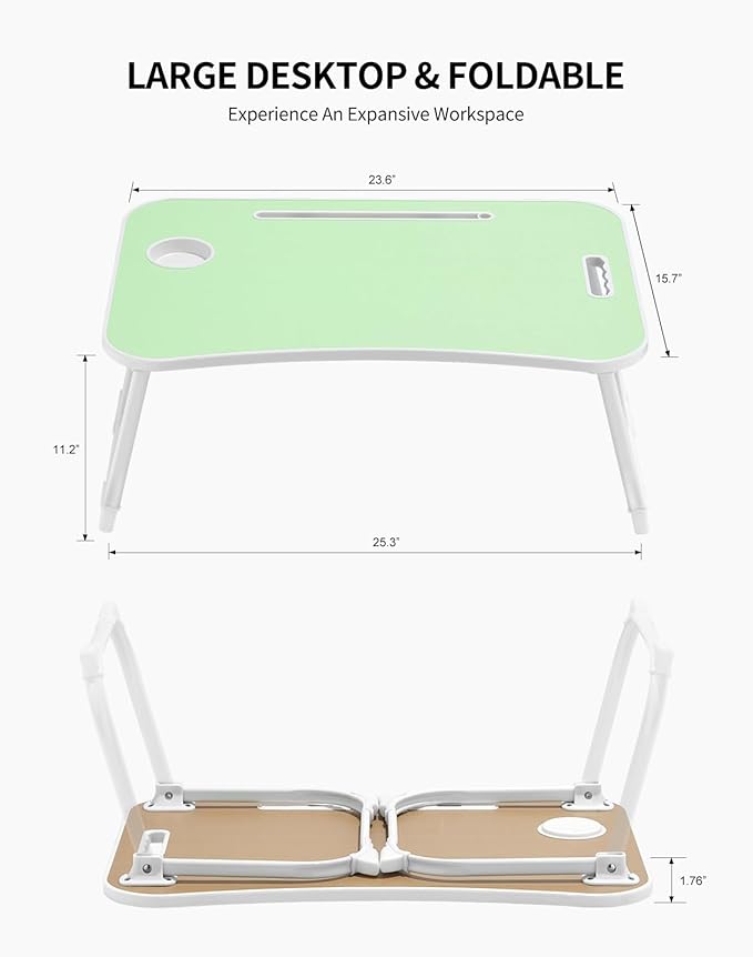Laptop Bed Desk, Foldable Lap Table, Portable Study Table, Laptop Stand with Cup Holder & Tablet Slot & Lifting Handle for Working Writing Drawing & Eating - Green