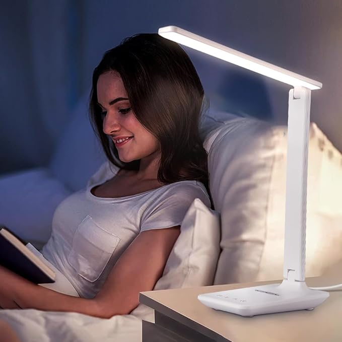 LED Desk Lamp for Home Office, USB Charging Port, Dimmable Table Lamp, Foldable Table lamp, Touch Control, 5 Lighting Modes, University Dormitory Eye Protection Learning Reading Lamp (White)