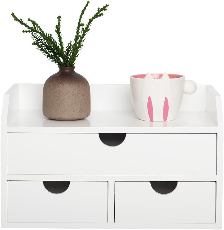 ROSE BLOOM White Wood Desk Organizer with 3 Drawer, Mini Cute Cabinet with Storage Shelf for Tabletop, Small Desktop Box Organizer for Cosmetic Office Supplies