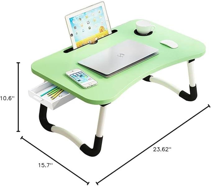 Lap Laptop Desk with Storage Drawer, Holders for Cup and Tablet, Laptop Bed Tray Table with Foldable Legs, Laptop Bed Stand, Portable Standing Table for Sofa Couch Floor (23.6", Green)