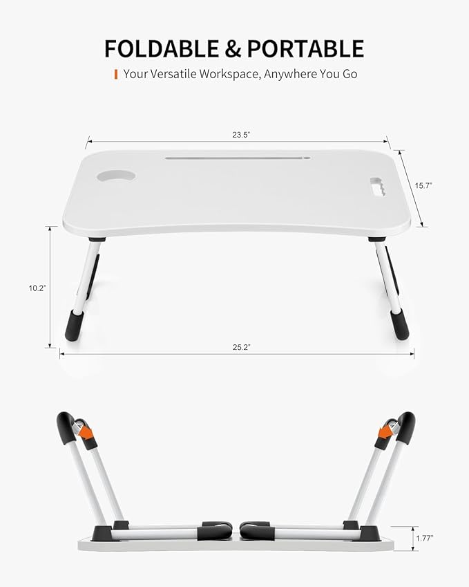Foldable Laptop Table, Portable Lap Desk Bed Table Tray, Laptop Stand with Cup Holder & Tablet Slot & Lifting Handle for Working Writing Drawing & Eating (White)