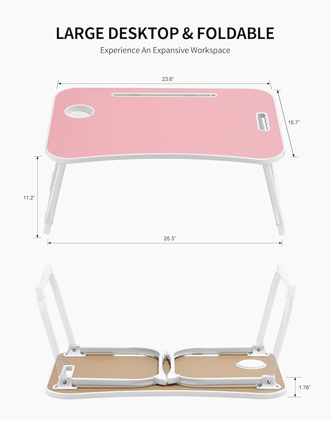 Laptop Bed Desk, Foldable Lap Table, Portable Study Table, Laptop Stand with Cup Holder & Tablet Slot & Lifting Handle for Working Writing Drawing & Eating - Pink