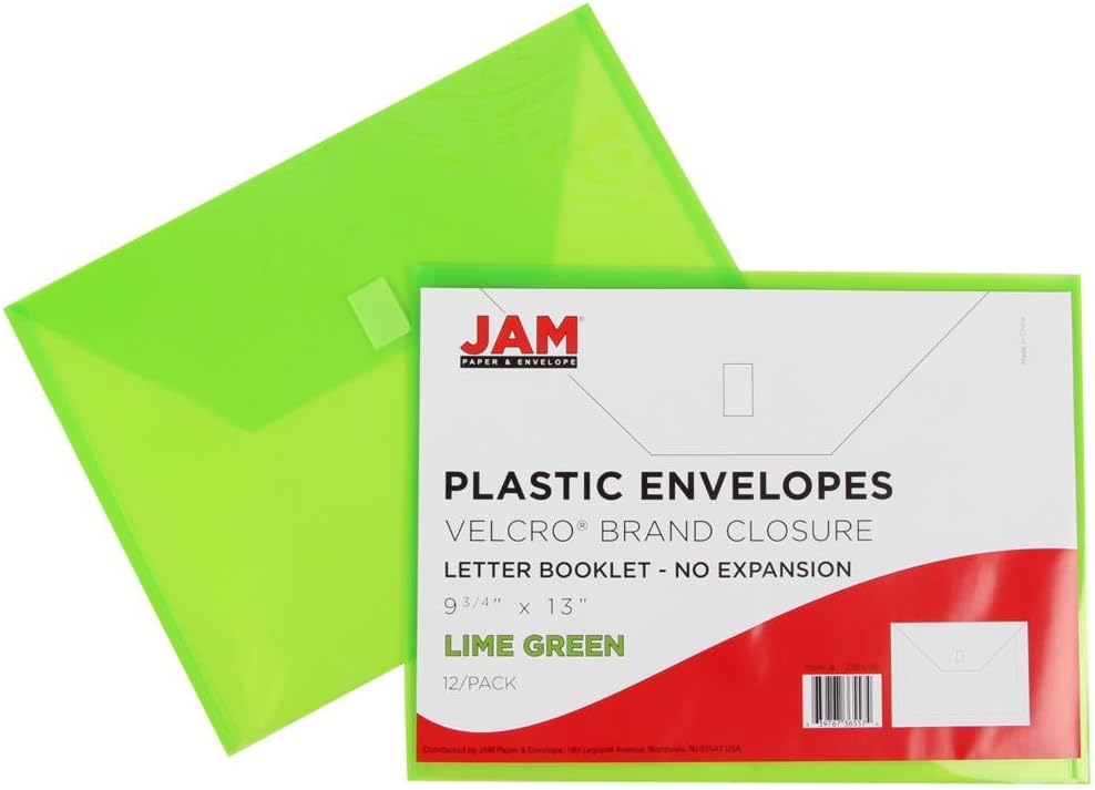 JAM PAPER Plastic Envelopes with Hook & Loop Closure - Letter Booklet - 9 3/4 x 13 - Assorted Colors - 6/Pack