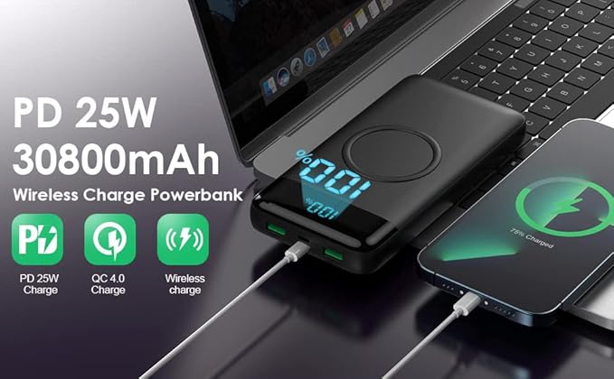 Wireless Portable Charger 30,800mAh 15W Wireless Charging 25W PD QC4.0 Fast Charging Smart LCD Display USB-C Power Bank, 4 Output External Battery Pack Compatible with iPhone 16/15/14/13, Samsung etc