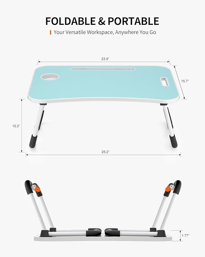 Foldable Laptop Table, Portable Lap Desk Bed Table Tray, Laptop Stand with Cup Holder & Tablet Slot & Lifting Handle for Working Writing Drawing & Eating (Blue)