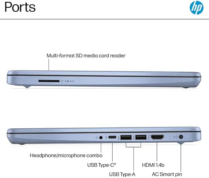 HP 14 Ultrabook • Intel 4-Core N150 • Microsoft 365 • Copilot AI • 4GB RAM • 1.6TB Storage (128GB SSD + 512GB Portable + 1TB OneDrive) • Wi-Fi 6 • 12 Hr Battery • Blue • w/WOWPC Bundle • Win 11
