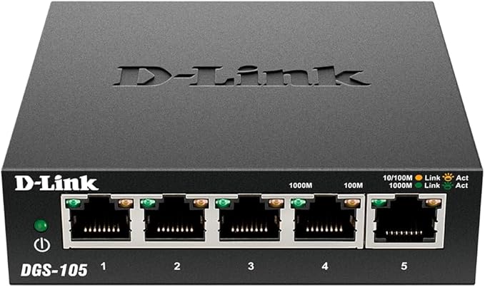 D-Link Ethernet Switch, 5 Port Gigabit Unmanaged Metal Desktop Plug and Play Compact (DGS-105/RE) (Renewed)