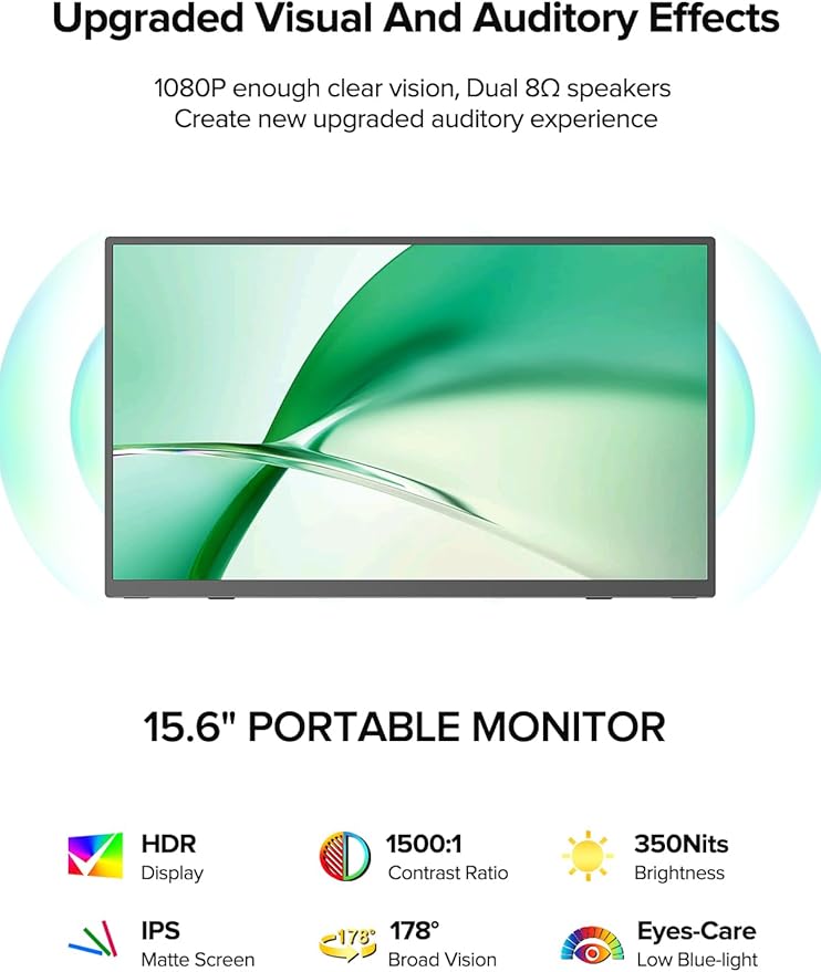 Newsoul Portable Monitor 15.6 Inch, 125% sRGB Laptop Monitor Built-in 0~180°Adjustment Stand | Speaker | VESA, HDMI USB-C Plug&Play, Ultra-Thin Second Extender Screen for Phone Game Console