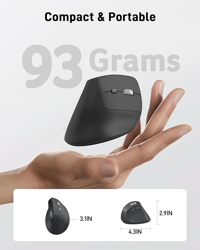 acer Ergonomic Mouse Wireless, Adjustable DPI Vertical Mouse 1000/1200/1600 with 6 Buttons, Rechargeable Ergo Mice with 2.4GHz USB Receiver for Computer, Laptop, PC, iMac and Desktop