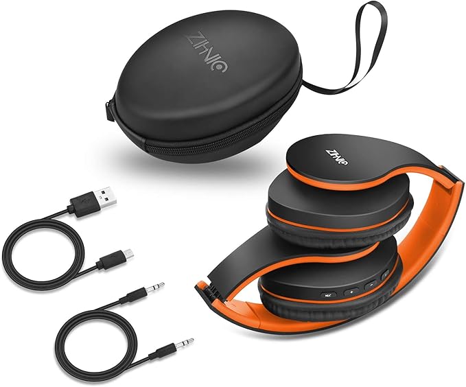 ZIHNIC Bluetooth Headphones Over-Ear, Foldable Wireless and Wired Stereo Headset Micro SD/TF, FM for Cell Phone,PC,Soft Earmuffs &Light Weight for Prolonged Wearing(Black/Orange)