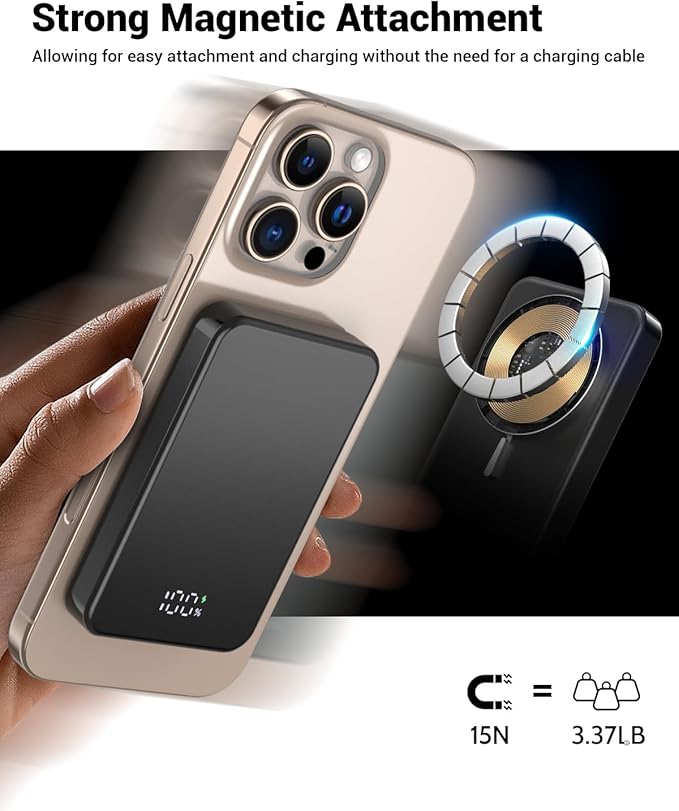 for Magsafe Portable Charger, Aluminum Alloy Small 10000mAh 20W PD Magnetic Power Bank, USB-C in&Out Wireless Battery Pack Phone Charger for iPhone 16/15/14/13/12 Plus Pro Max Series -Black