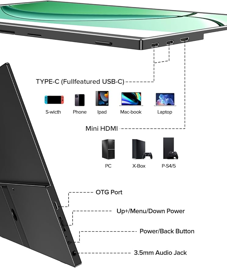 UPERFECT 4K Portable Monitor, 13.4" UHD 3840x2400 Matte IPS Laptop Display with Built-in Stand, 16:10 Aspect Ratio, 100% sRGB, 500 Nits Brightness, All-Metal Frame for PC/Mac/Phone/Game Console