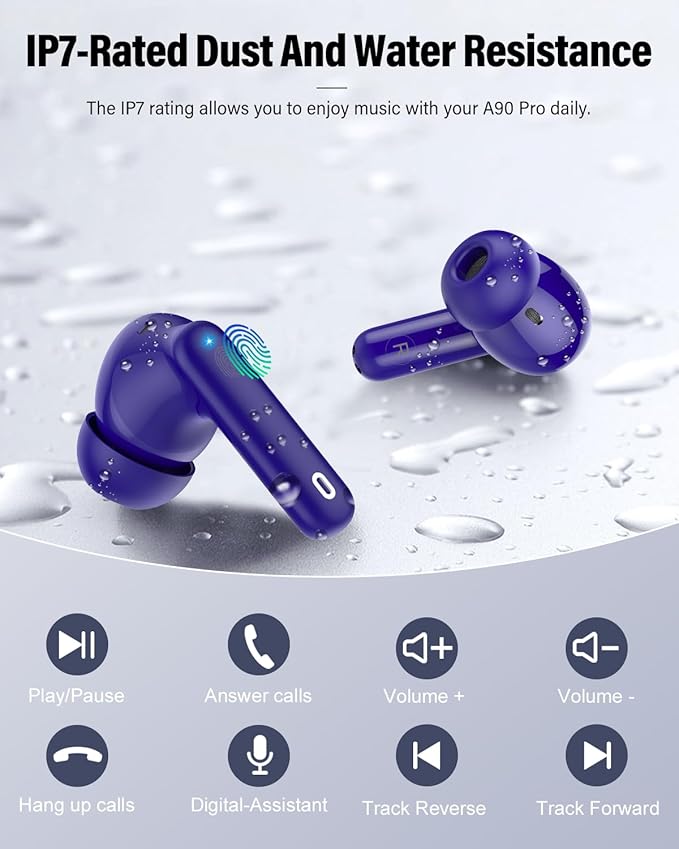 Wireless Earbuds, Bluetooth 5.4 Headphones Bass Stereo, Ear Buds with Noise Cancelling Mic, LED Display in Ear Earphones Clear Calls, IP7 Waterproof Bluetooth Earbuds for Laptop/Phones, Dark Blue