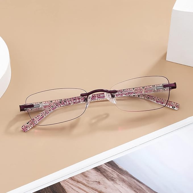 3 Pack Rimless Reading Glasses for Women Blue Light Blocking Readers Tinted Edge Spring Hinge Pattern Print Arm Eyeglasses Mix 3.00