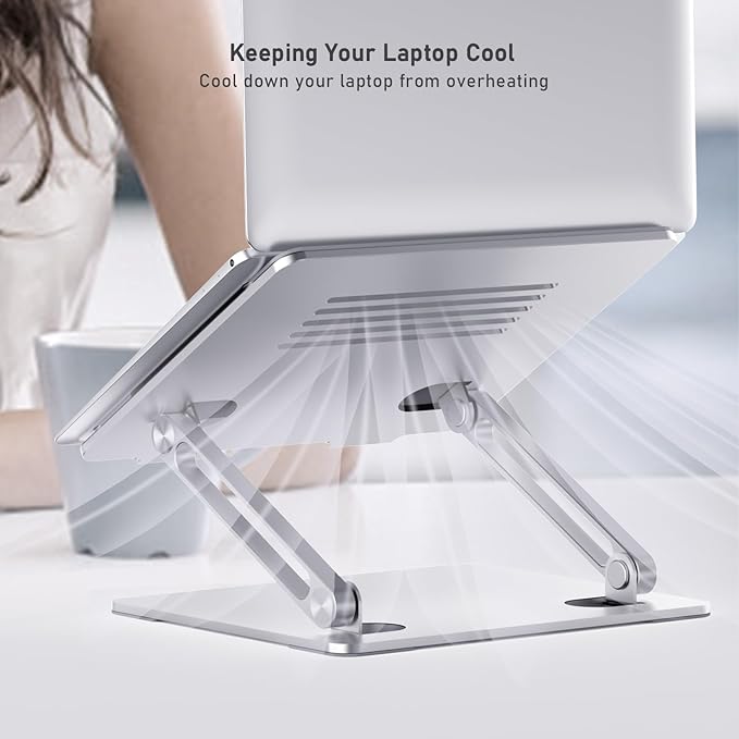 BoYata Laptop Stand, Adjustable Laptop Riser with Slide-Proof Silicone and Protective Hooks, Aluminum Notebook Stand for Laptop up to 15 Inches, Laptop Holder Compatible for MacBook (Silver-2)