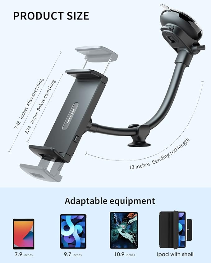 Tablet Car Mount - Windshield Dashboard Suction Cup Long Gooseneck Holder for Car, Truck, SUV - Compatible with 7-12.4 Inch Tablet/iPad/Samsung Tab, etc