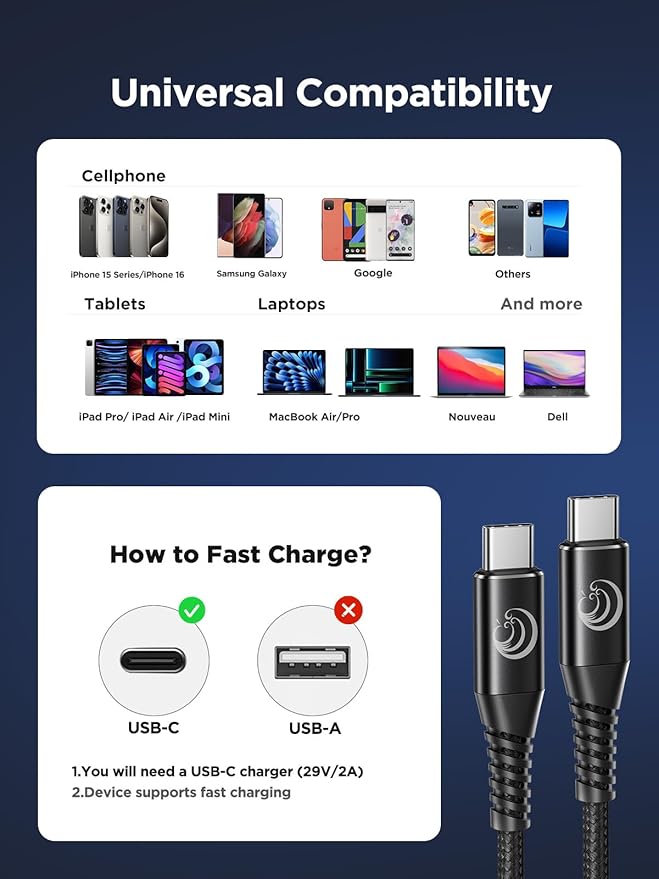 Aioneus USB C to USB C Cable, 10ft 100W Type C to Type C Charger Cord Fast Charging Nylon Braided Long USBC Cable for Samsung S24 Ultra/S23/S22, iPhone 16/15 Pro Max, for MacBook/iPad Pixel PS5 Switch