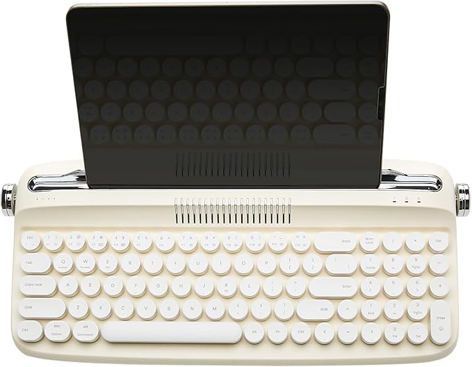 YUNZII Upgraded Wireless Typewriter Keyboard,with Retro Integrated Stand,USB-C/Bluetooth,Cute Round Keycaps, USB-C/Bluetooth Connection for Table, Phone, PC and Win/Mac/Android (B309, Ivory Butter)