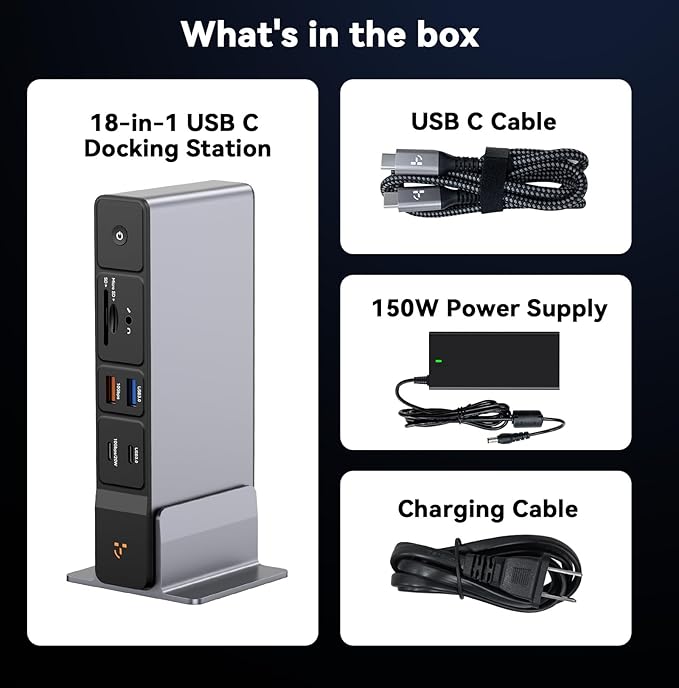 TobenONE USB C Docking Station 3 Monitors, 18-in-1 Triple 4K Display, 150W Power Adapter with 20W Fast Charging, 8 USB Ports up to 10Gbps, 2 HDMI/DP/USB C, for Windows/Chrome OS
