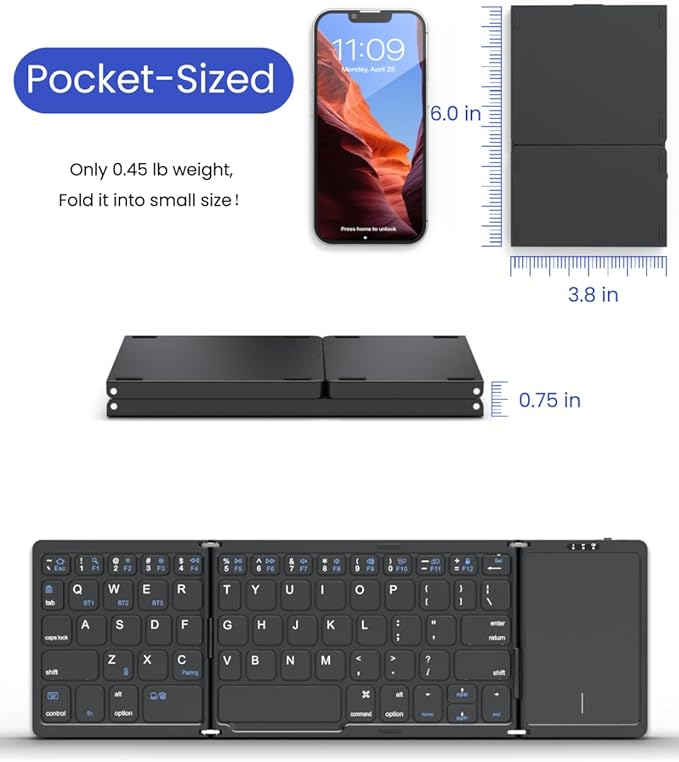Foldable Bluetooth Keyboard, Folding Portable Wireless Keyboard with touchpad,Travel Pocket Keyboard for iOS Android Windows Mac Smartphone Tablet & Laptop, Sync Up to 3 Devices, Black