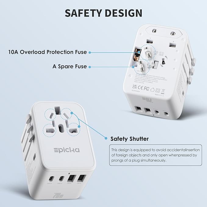 EPICKA Universal Travel Adapter, GaN International Plug Adapter with 3 USB-C 70W PD Fast Charging & 2 USB-A Adaptor All-in-one Wall Charger for USA EU UK AUS (TA-105 Pro, White)