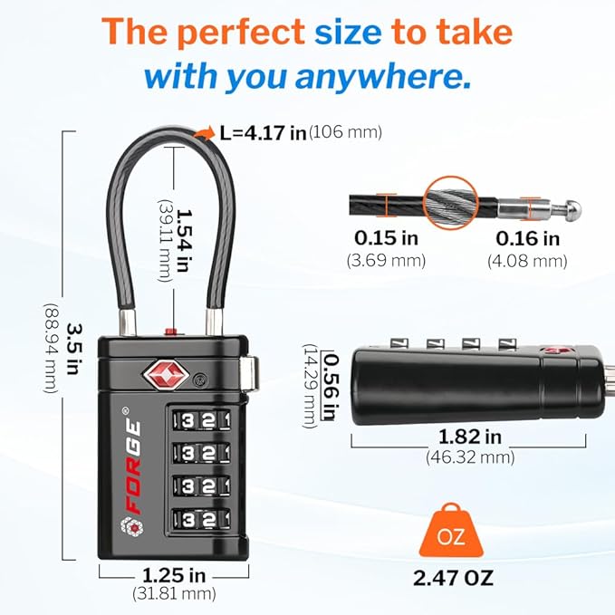 Forge TSA Approved Luggage Locks 4 Digit Combination TSA Travel Locks with TSA008, Open Alert Indicator, Zinc Alloy Body for Luggage, Suitcase, Backpack, and More. 1 Black Lock.
