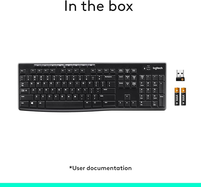 Logitech K270 Wireless Keyboard for Windows, 2.4 GHz Wireless, Full-Size, Number Pad, 8 Multimedia Keys, 2-Year Battery Life, Compatible with PC, Laptop, Black