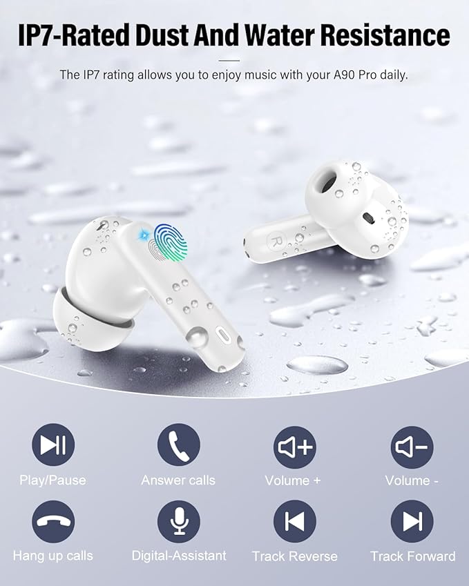 Wireless Earbuds, Bluetooth 5.4 Headphones Bass Stereo, Ear Buds with Noise Cancelling Mic, LED Display in Ear Earphones Clear Calls, IP7 Waterproof Bluetooth Earbuds for Laptop/Phones/Sports, White