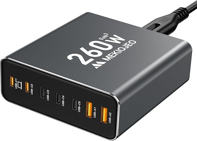 Aluminum Alloy 260W USB C Charger GaN Fast USB C Charging Station 7 Ports 65W Laptop Charger for MacBook Pro/Air/iPad Pro/iPhone (Gray)