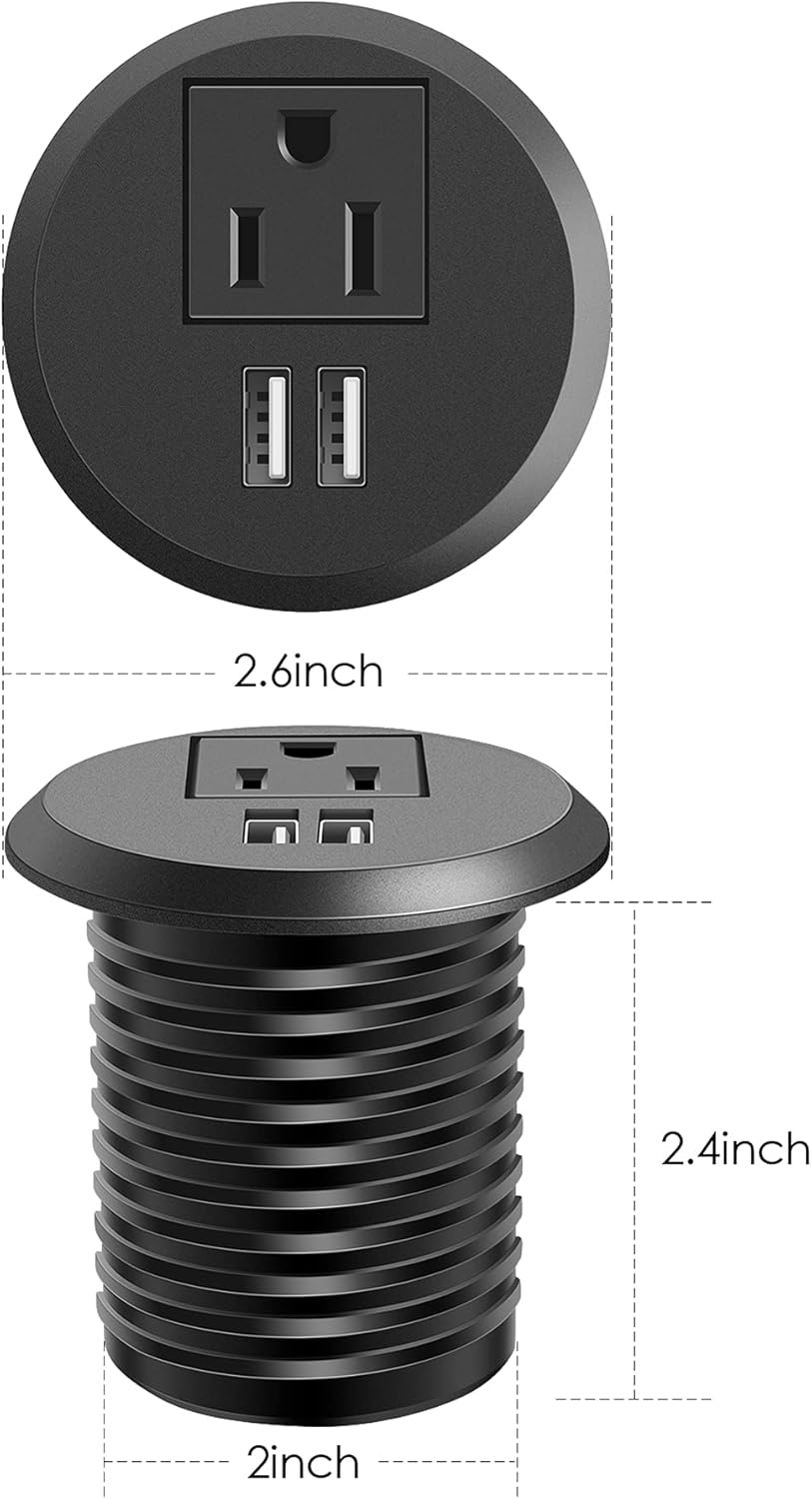 Jgstkcity Desktop Power Grommet, 2 inch, Black, 1 AC Outlet and 2 USB Ports, 6.56ft Cable, Fire Resistant Outer Shell
