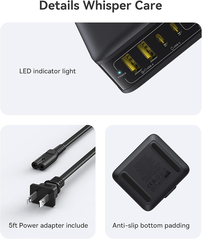 Baseus Charging Station 120W, 6-in-1 USB-C PD Fast Charging Desktop Charger with 5ft Extension Cord, 4 USB C, 2 USB A Ports, Travel Power Strip for iPhone 17/16, iPad Pro, MacBook Pro, Tablet and More