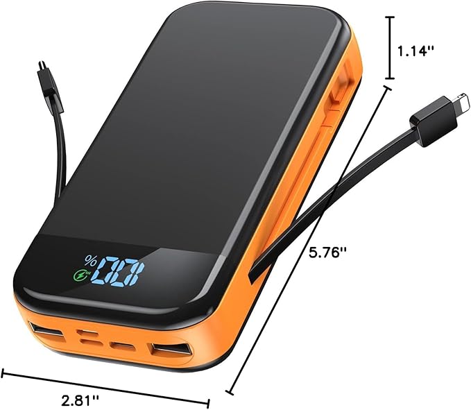 Portable Charger 32000mAh, 22.5W QC 3.0 PD 20W Smart LED Display Fast Charging Built in Cables Power Bank, External Battery Pack Charge 5 Devices Compatible with Cellphones (Orange)