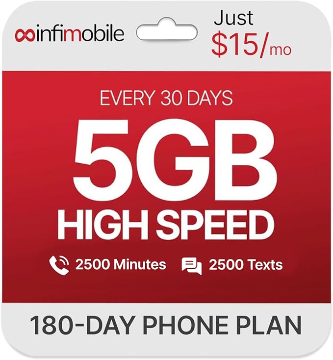 $15/Month | Infimobile Prepaid Plan: 6 Months | 5GB High-Speed Data Per Month | 2500 Minutes and 2500 Text| Prepaid Plan Service SIM Card | Nationwide Coverage | 4G, 5G V-Network