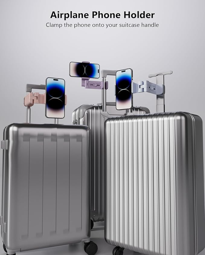 MiiKARE Travel Essentials Airplane Phone Holder, Universal Handsfree Phone Mount for Flying with 360 Degree Rotation, Travel Must Haves Phone Stand for Desk, Tray Table, Purple