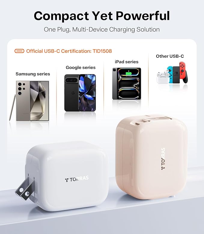 TORRAS FlexLine 40W for iPhone 17 Charger, Dual-Port USB C Charger Block with Retractable Cable, Fast Charging Type-C Power Adapter for iPhone 16/15/Samsung Galaxy S25 Ultra/S24, Gold