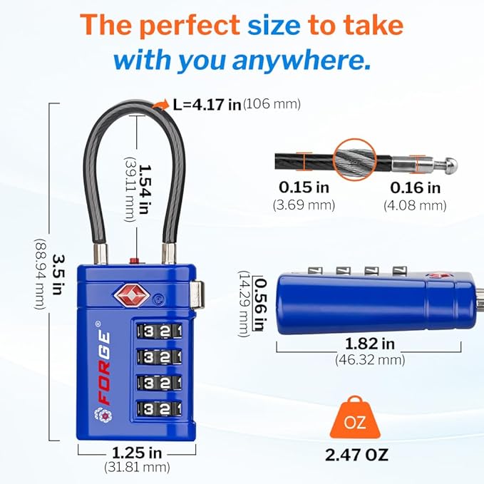 Forge TSA Approved Luggage Locks 4 Digit Combination TSA Travel Locks with TSA008, Open Alert Indicator, Zinc Alloy Body for Luggage, Suitcase, Backpack, and More. Blue 4 Locks.