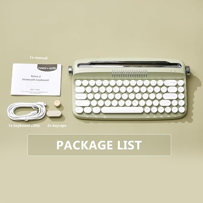 YUNZII Upgraded Wireless Typewriter Keyboard, Retro Aesthetic with Integrated Stand,Cute Round Keycaps, USB-C/Bluetooth Connection for Table, Phone, PC and Win/Mac/Android (B307, Sweet Mint)