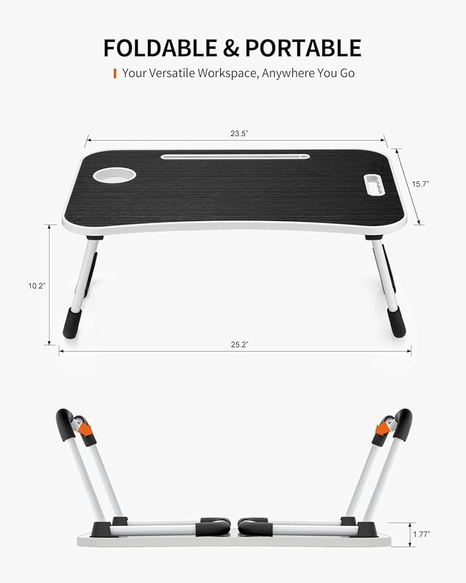 Foldable Laptop Table, Portable Lap Desk Bed Table Tray, Laptop Stand with Cup Holder & Tablet Slot & Lifting Handle for Working Writing Drawing & Eating (Black)
