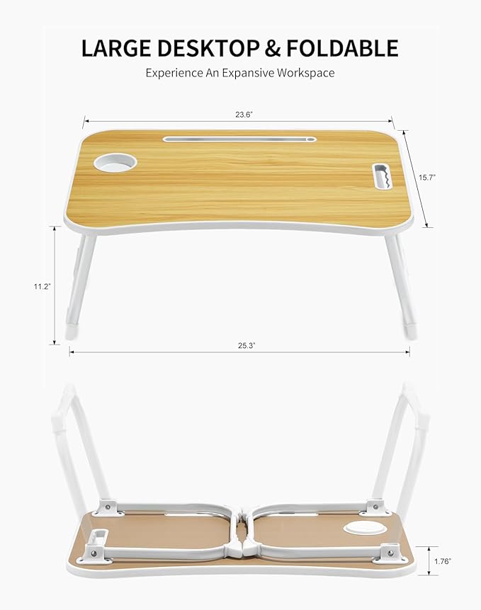 Laptop Bed Desk, Foldable Lap Table, Portable Study Table, Laptop Stand with Cup Holder & Tablet Slot & Lifting Handle for Working Writing Drawing & Eating - Wood